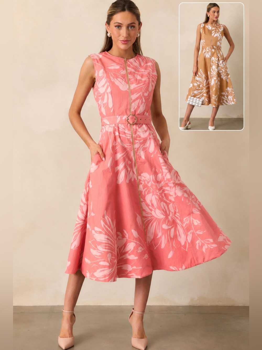 PROSPERINA ELIANA ROSE PINK FLORAL PRINT COTTON REVERSIBLE MIDI DRESS